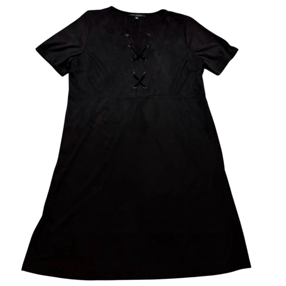 EUC Chic Black Midi Faux Suede Dress with Lace-Up Detail - Sz XL fits like Large